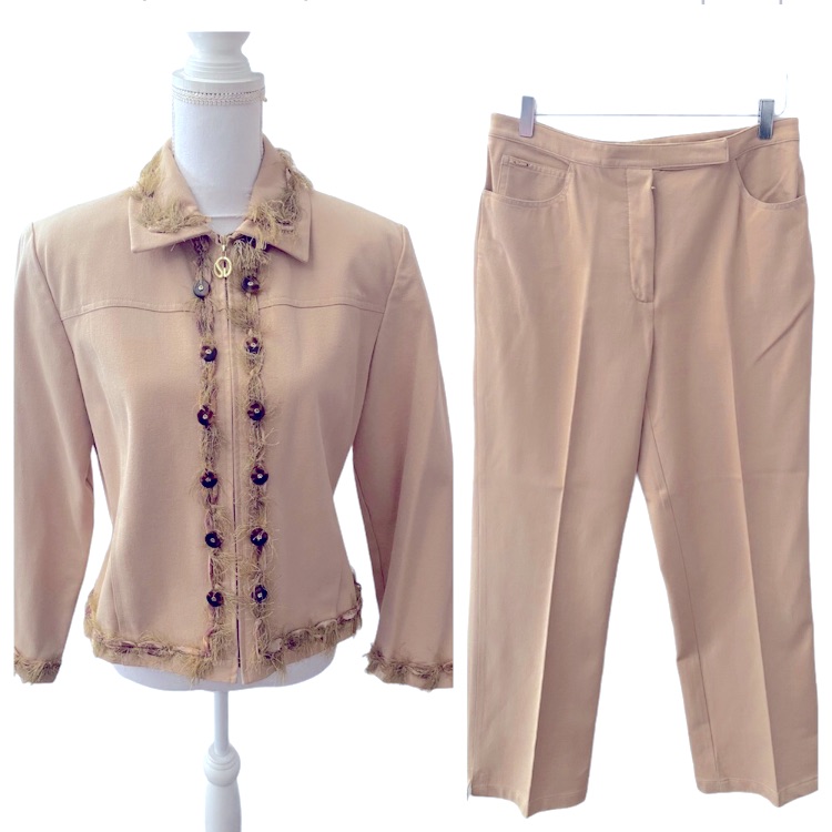 St. John Sport Khaki 2 Piece Fringe Pant Suit Set